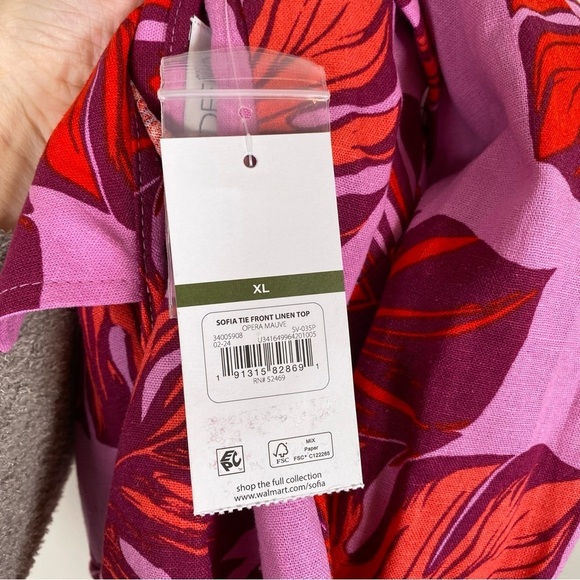Sofia Vergara Tropical Palm Print Linen Button Down Tie Front Blouse Top‎ XL NWT - Picture 6 of 7